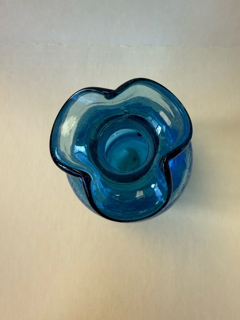 Vintage Blue Crackle Glass Bud Vase Ruffle Rim. - Picture 5 of 10